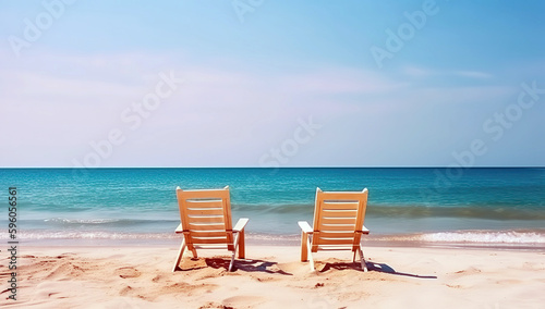 lounge chairs on the beach , generative ai © Yulia