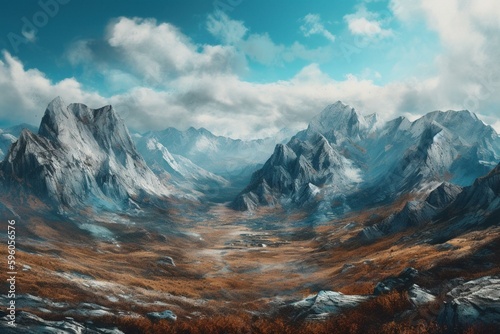 A landscape painting depicting mountains in various shades of blue, set against a backdrop of white clouds in the sky. Generative AI