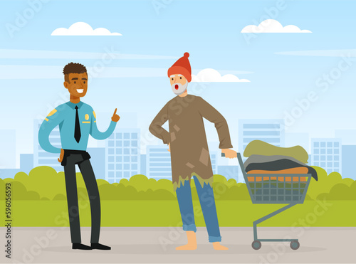 Homeless Man in Rags with Cart Talking to Policeman in the Street Vector Illustration