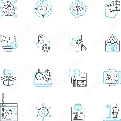 Content advertising linear icons set. Engagement, Visibility, Strategy, Targeting, Promotion, Conversion, Creativity line vector and concept signs. Authenticity,Native,Amplification outline