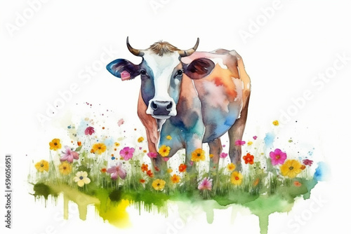 Watercolor painting of a beautiful dairy cow in a colorful flower field. Ideal for art print, greeting card, springtime concepts etc. Made with generative AI.