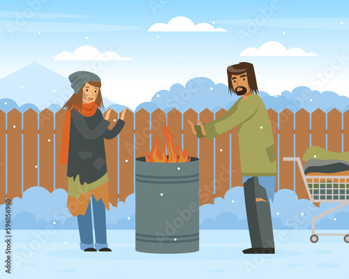 Homeless Man and Woman in Rags Warming Near Burning Fire in the Street Vector Illustration