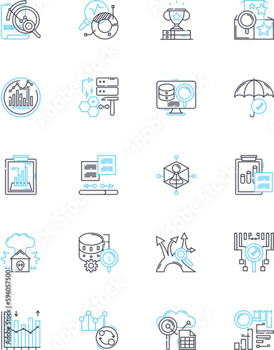 Balance sheets linear icons set. Assets, Liabilities, Equity, Cash, Accounts, Receivables, Prepaid line vector and concept signs. Inventory,Investments,Property outline illustrations
