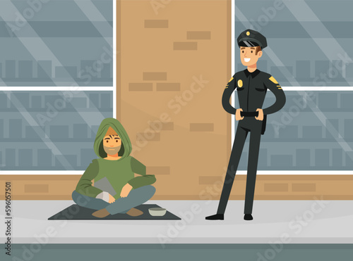Homeless Man in Rags Sitting in the Street Begging for Money and Policeman Standing Nearby Vector Illustration