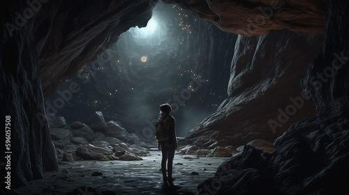 Woman standing in a dark cave and looking at the light.generative ai