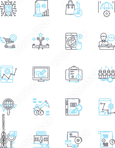 Industry review linear icons set. Analysis, Overview, Assessment, Evaluation, Critique, Report, Inspection line vector and concept signs. Survey,Research,Study outline illustrations