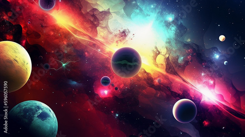 Colorful space scene with planets (ai generated)