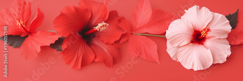 red hibiscus flower with pastel color card  red background banner  spring  holiday  wedding  anniversary  birthday  mother s day  generative AI
