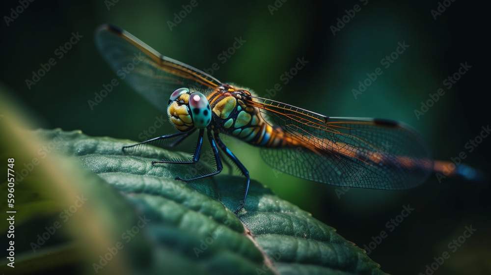 Dragonfly resting on a green leaf, close-up, macro.generative ai Dragonfly resting on a green leaf, close-up, macro.generative ai