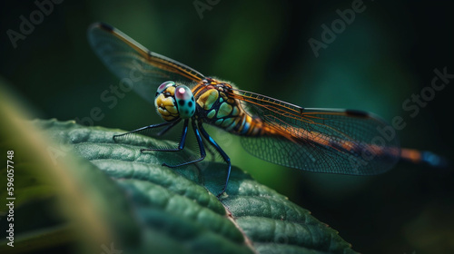 Dragonfly resting on a green leaf, close-up, macro.generative ai