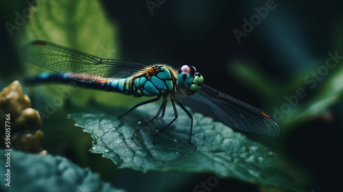 Dragonfly resting on a green leaf, close-up, macro.generative ai © S...