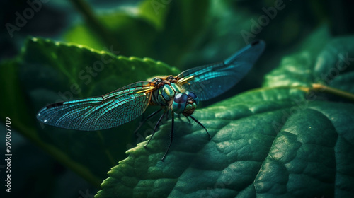 Dragonfly resting on a green leaf, close-up, macro.generative ai © S...
