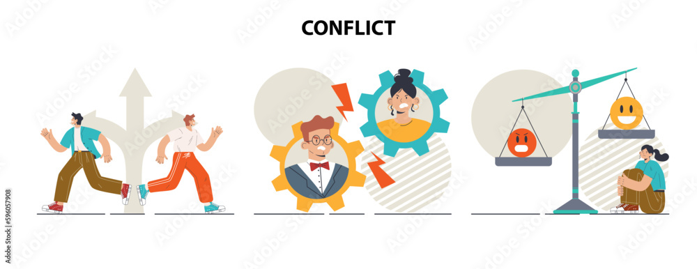 Conflict concept set. Controversy or disagreement between people Conflict concept set. Controversy or disagreement between people