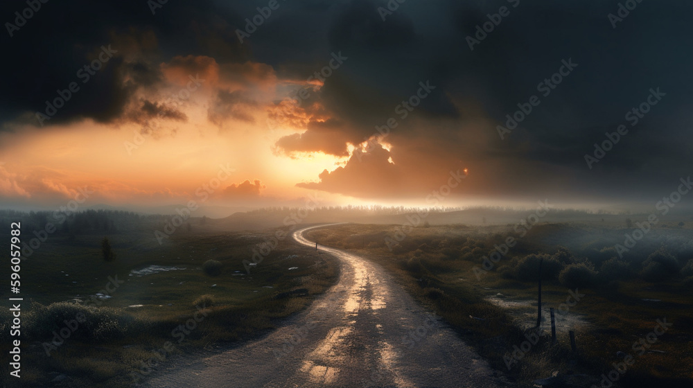 Dramatic sunrise over a country road in the countryside,generative ai