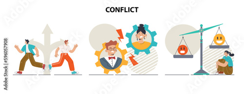 Conflict concept set. Controversy or disagreement between people