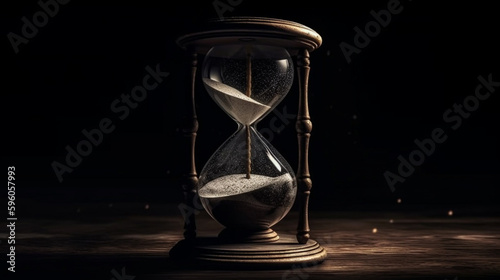 Hourglass on sand background. Sand running through the center of the clock.generative ai