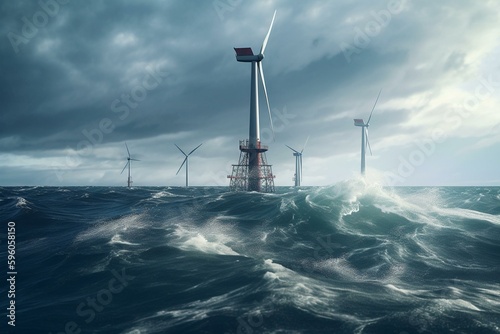 Latest wind turbine in turbulent ocean. Generative AI