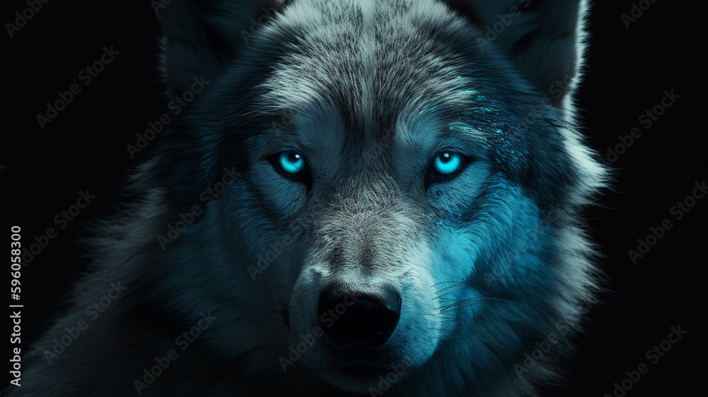 Portrait of a wolf with blue eyes on a black background.generative ai