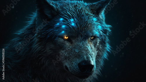 Portrait of a wolf with blue eyes on a black background.generative ai