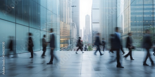 Business people blurred in cityscape. Generative AI 