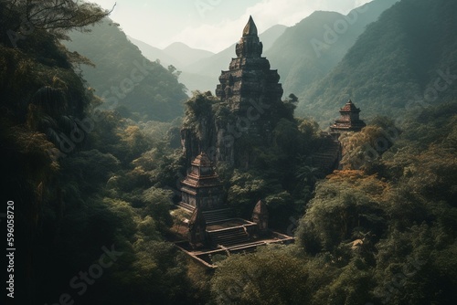 Ancient temple in a thriving jungle with far-off mountains. Generative AI