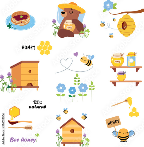 Honey production objects set. Apiary products and equipment cartoon vector illustration