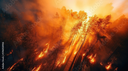 Forest fire and sunset light in tree, view from sky, motion blur camera, AI