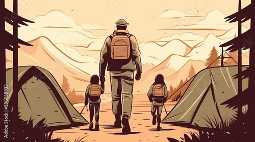 A Father Tent Camping with his Children in Nature - Fathers Day Concept Vector Illustration - Generative AI