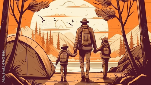 A Father Tent Camping with his Children in Nature - Fathers Day Concept Vector Illustration - Generative AI