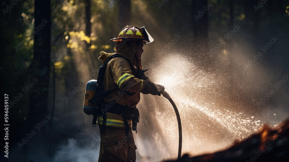 firefighter putting out a fire with rays of lights illuminating it from behind, hose and water, bokeh background, AI firefighter putting out a fire with rays of lights illuminating it from behind, hose and water, bokeh background, AI