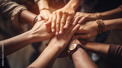 Panoramic Teamwork  partnership and Social connection in business join hand together concept. Hand of diverse people connecting. Power of volunteer charity work  Stack of people hand. Generative ai.