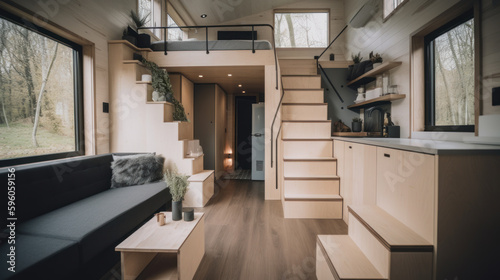 Minimalist and elegant two-story wooden tiny house interior in countryside, neutral colors, sustainable lifestyle, generative ai