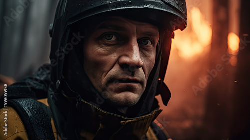 emotional portrait of a firefighter, close-up face and glance, fireman's helmet and forest on fire in the background, AI