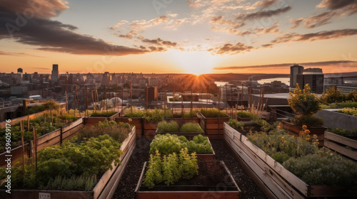 Urban rooftop garden at sunset in city center, urban gardening concept, generative ai