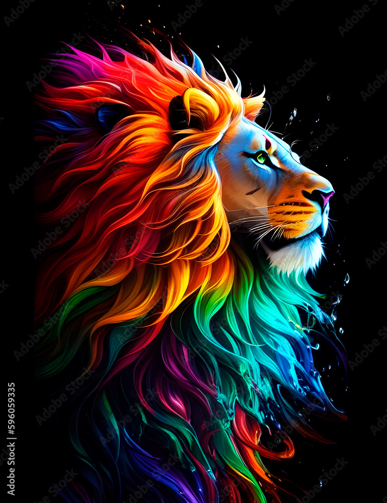 paint drawing of a lion with a rainbow mane on a black background, generative ai