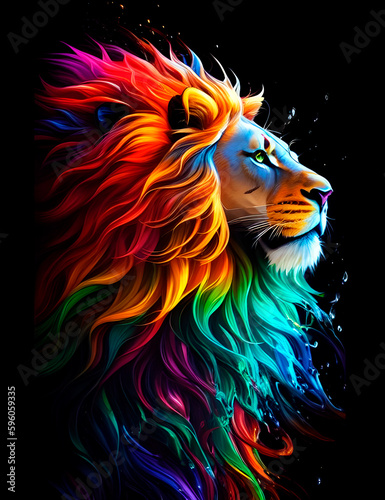 paint drawing of a lion with a rainbow mane on a black background  generative ai