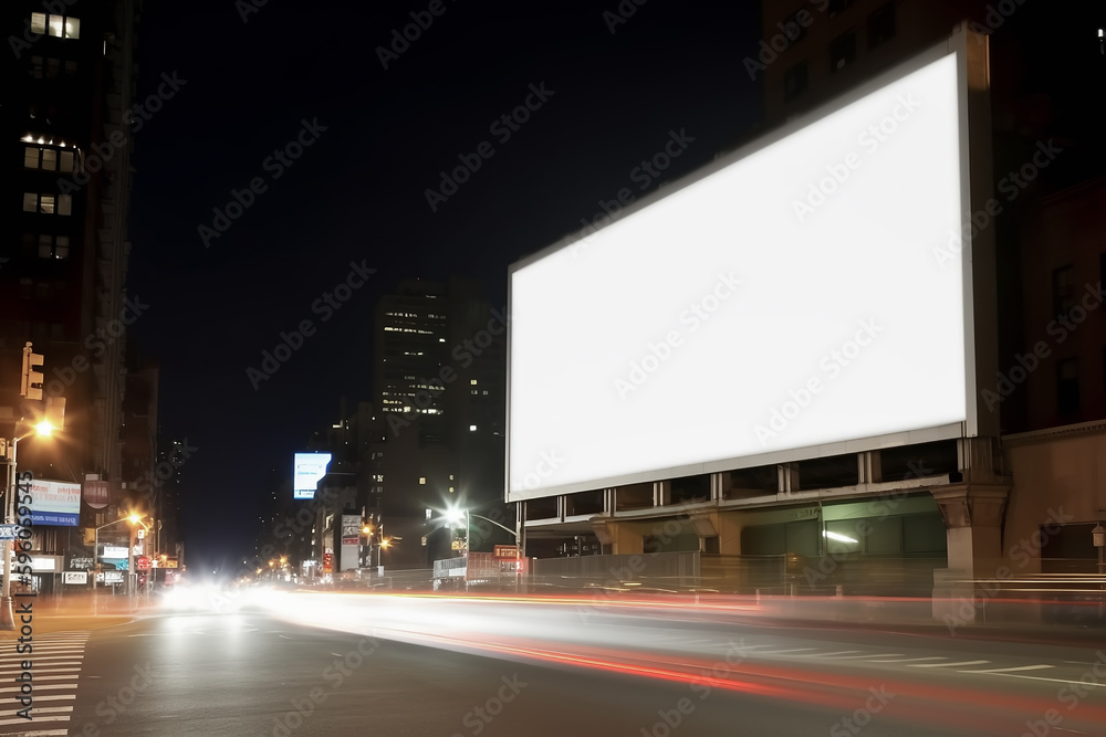 Cartel grande en blanco en una ciudad de noche.Ilustración de IA genertativa