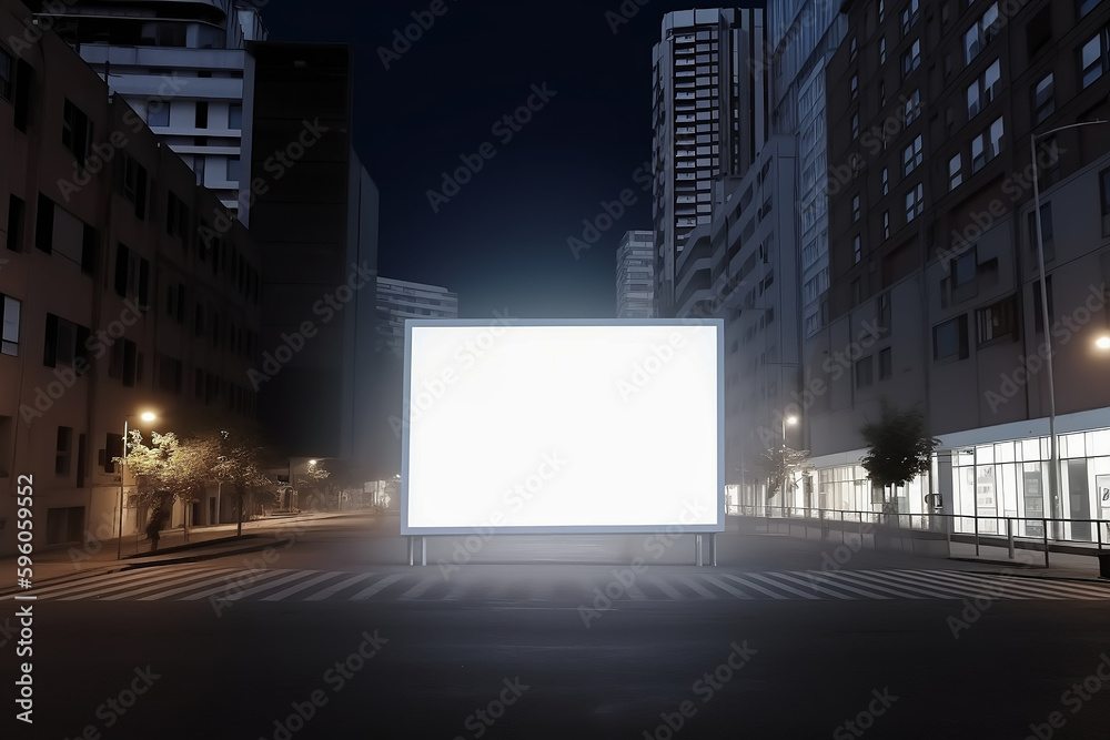 Cartel grande en blanco en una ciudad de noche.Ilustración de IA genertativa Cartel grande en blanco en una ciudad de noche.Ilustración de IA genertativa