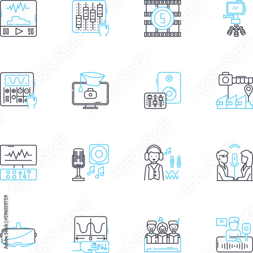 Music recording linear icons set. Studio, Producer, Mixing, Mastering, Equipment, Sampling, Microphs line vector and concept signs. DAW,Session,Recording outline illustrations