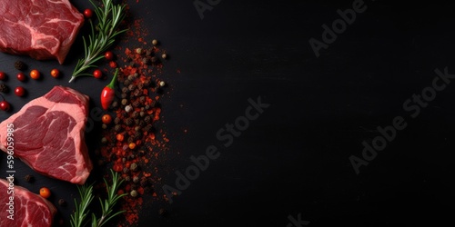 raw beef steak with herbs, free space on text on black background, panorama