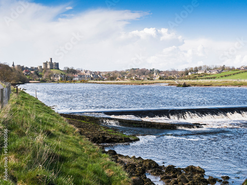 River Coquet with Warkworth Castle and village, Northumberland, UK