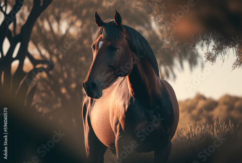 Beautiful Domestic Horse in nature. Created using Generative AI technology.