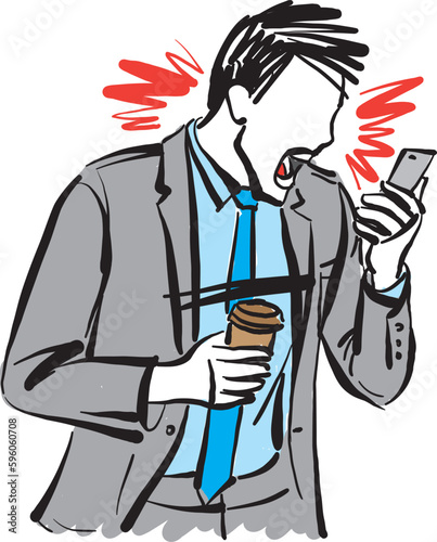man screaming to cellphone with a coffee in his hand businessman angry vector illustration