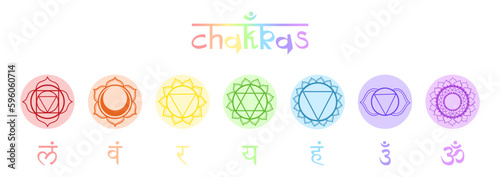 Set of seven colorful chakra circles with sanskrit symbols. Round icons in pastel color for yoga and meditation practice.