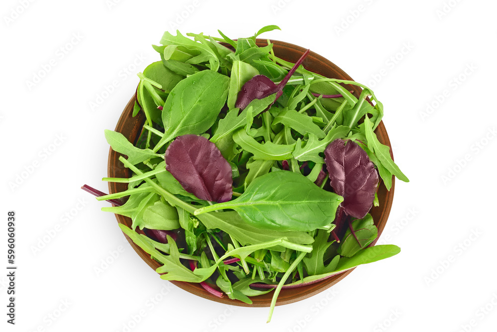 Mix salad - arugula, spinach and chard in the bowl isolated on white background. Top view. Flat lay Mix salad - arugula, spinach and chard in the bowl isolated on white background. Top view. Flat lay
