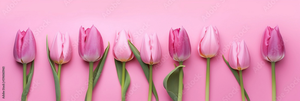 Spring tulip flowers on pink background top view in flat lay style, Greeting for Women or mother's day Spring Sale Banner, generative AI