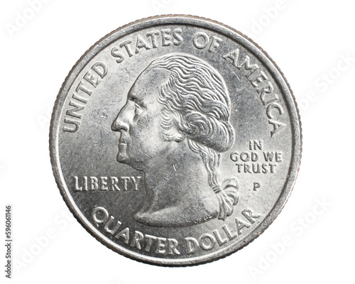 A quarter dollar coin on a white isolated background