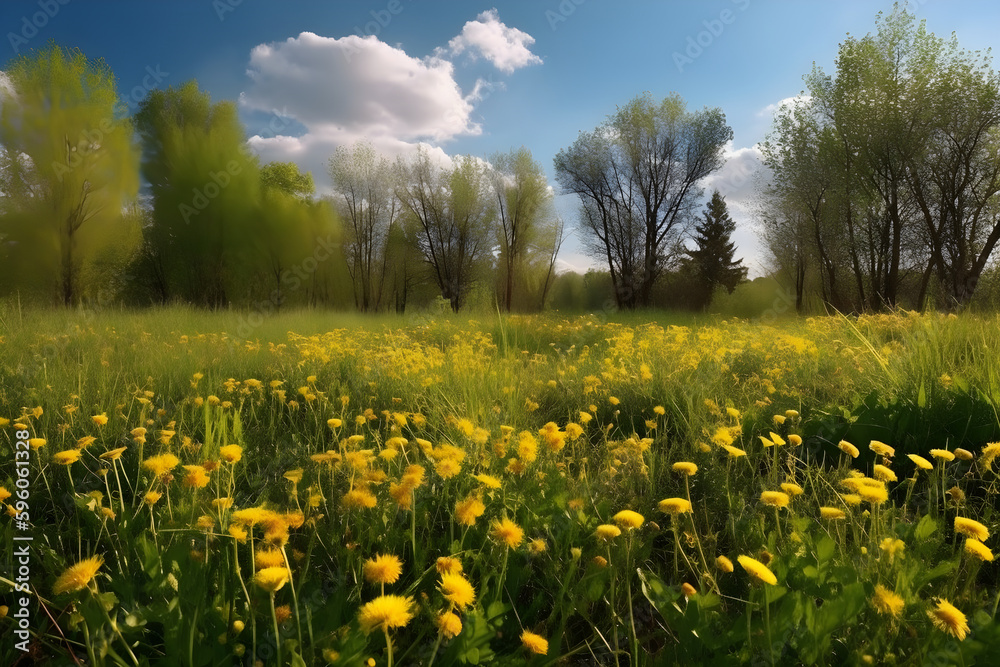 Yellow dandelions in nature in warm summer or spring on meadow in sunlight, macro, generative AI. Yellow dandelions in nature in warm summer or spring on meadow in sunlight, macro, generative AI.