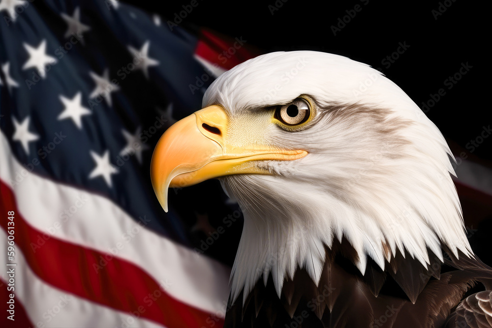 Fototapeta premium Eagle with the flag of the united states of america, generative ai 