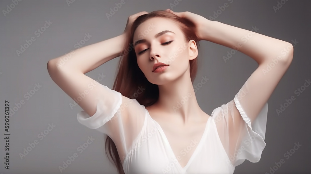 generative AI tools, Armpit epilation, lacer hair removal. Young woman showing clean underarms generative AI tools, Armpit epilation, lacer hair removal. Young woman showing clean underarms